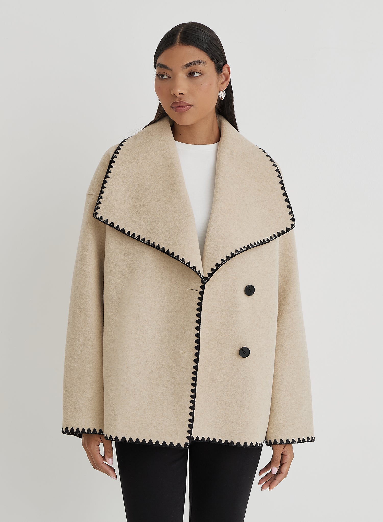 Beige Contrast Stitch Oversized Jacket